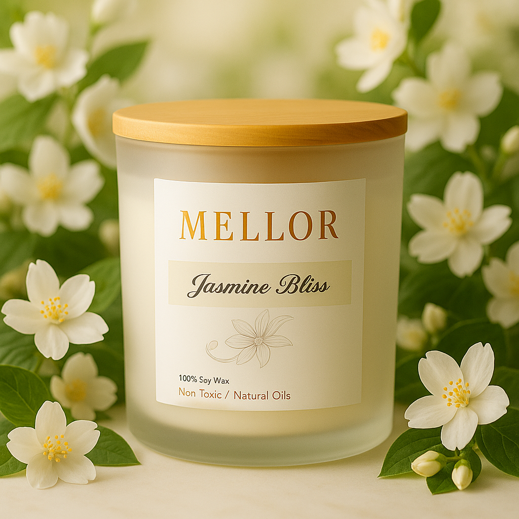 Jasmine scented candle with floral fragrance in elegant jar for soothing ambiance